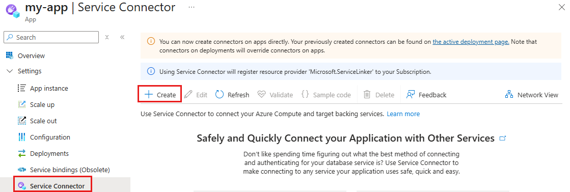 Screenshot del portale di Azure, selezionando il pulsante per creare una connessione.