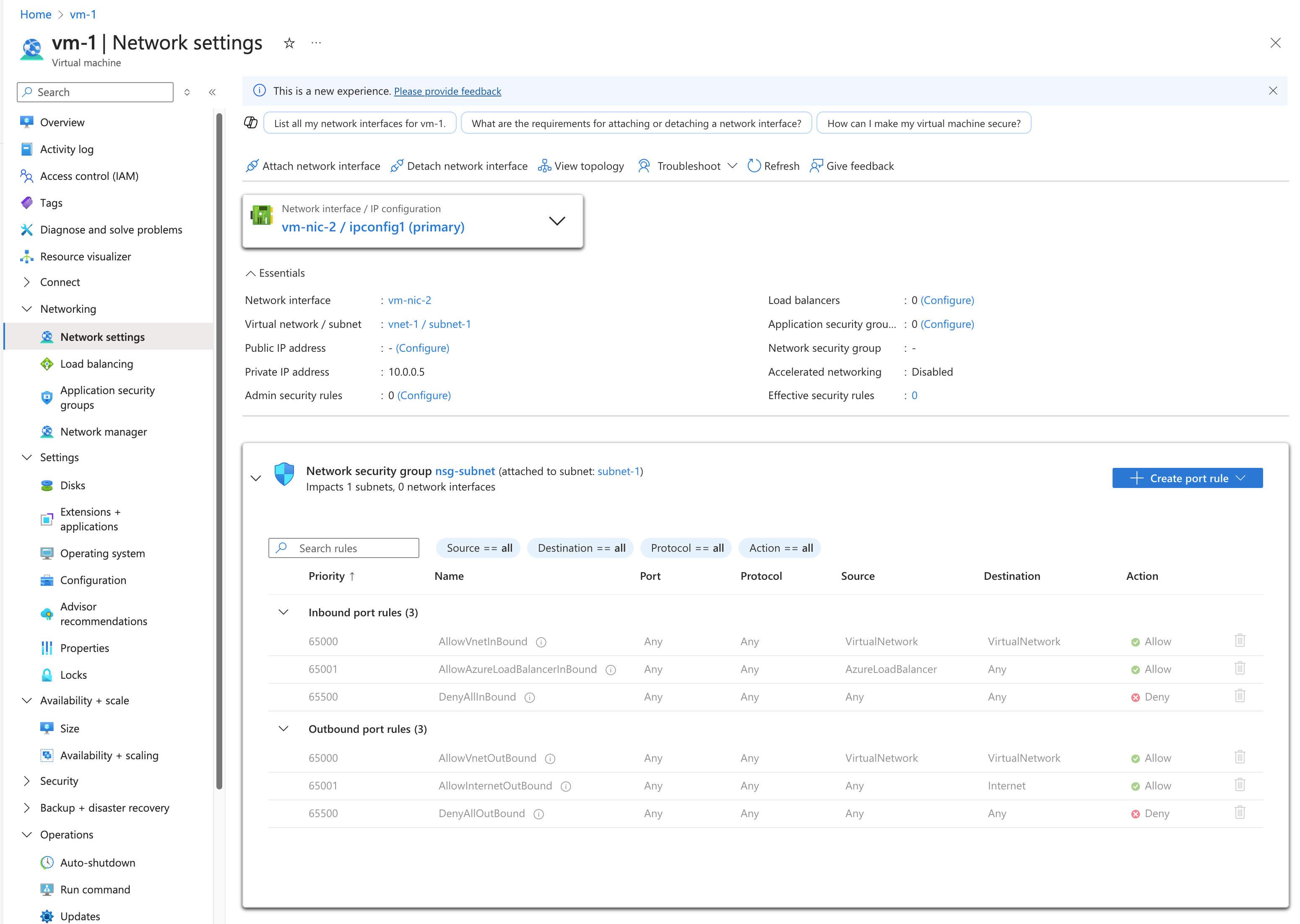 Screenshot delle regole di sicurezza per la scheda di interfaccia di rete vm-nic-2.