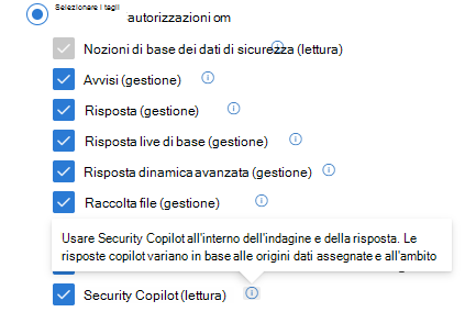 Screenshot del ruolo Defender XDR personalizzato con Security Copilot operazioni di sicurezza abilitate.