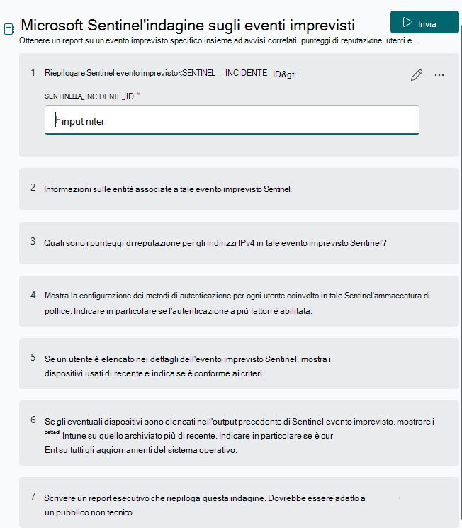 Screenshot del prompt delle indagini sugli eventi imprevisti.