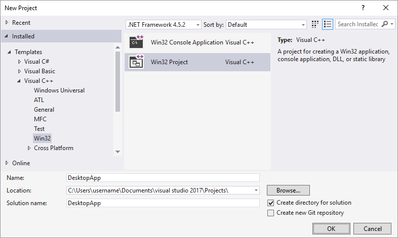 Screenshot della finestra di dialogo Nuovo progetto in Visual Studio 2015 con l'opzione Progetto Win32 evidenziata e DesktopApp digitata nella casella di testo Nome.