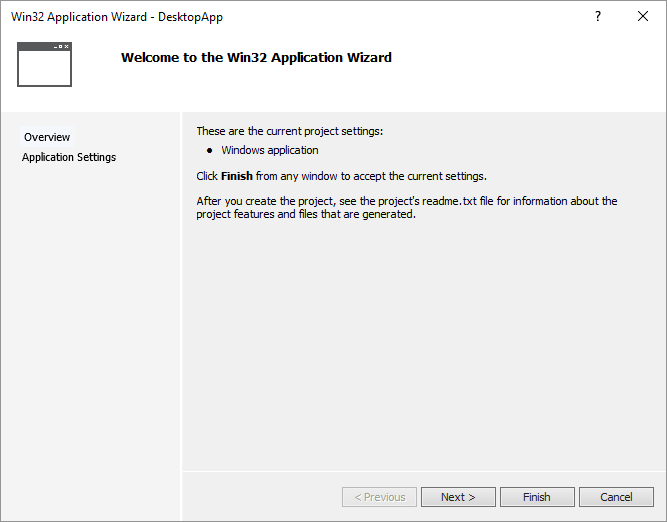 Screenshot della finestra di dialogo in Visual Studio 2015 che mostra la pagina panoramica della creazione guidata applicazioni Win32.