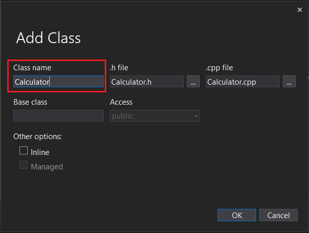 Screenshot della finestra di dialogo Aggiungi classe di Visual Studio.