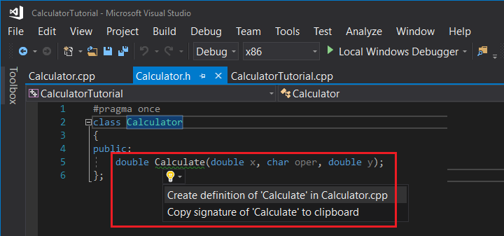 Video che mostra l'utilizzo del menu a tendina lampadina per selezionare Crea definizione di Calculate in Calculator.cpp.