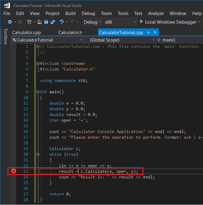 Screenshot dell'utente che sta impostando un punto di interruzione nella riga 23: result = c.Calculate(x, oper, y);.