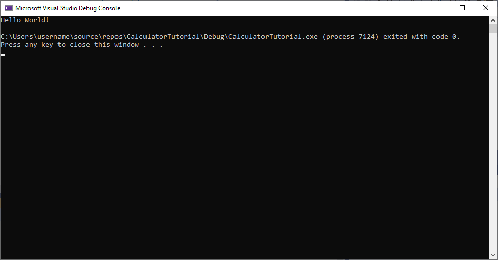 Screenshot della console di debug di Visual Studio che mostra l'output dell'applicazione: Hello World!