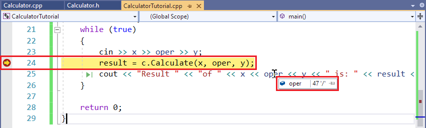 Screenshot di un tooltip che mostra il valore della variabile 'oper', ovvero 47 o '/'.