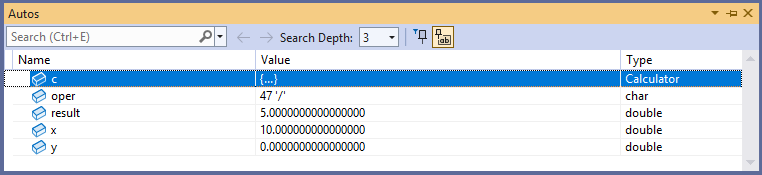 Screenshot della finestra 'Autos' del debugger di Visual Studio.