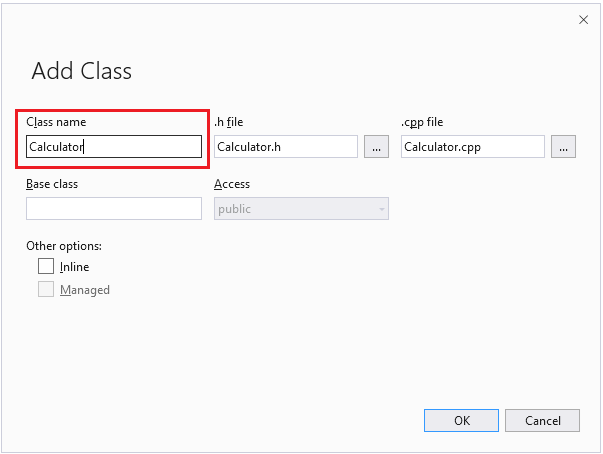 Screenshot della finestra di dialogo Aggiungi classe di Visual Studio.
