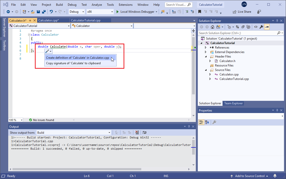 Screenshot di un elenco a discesa cacciavite nella finestra dell'editor di Visual Studio. L'opzione 'Crea definizione di Calculate in Calculator.cpp' è evidenziata.