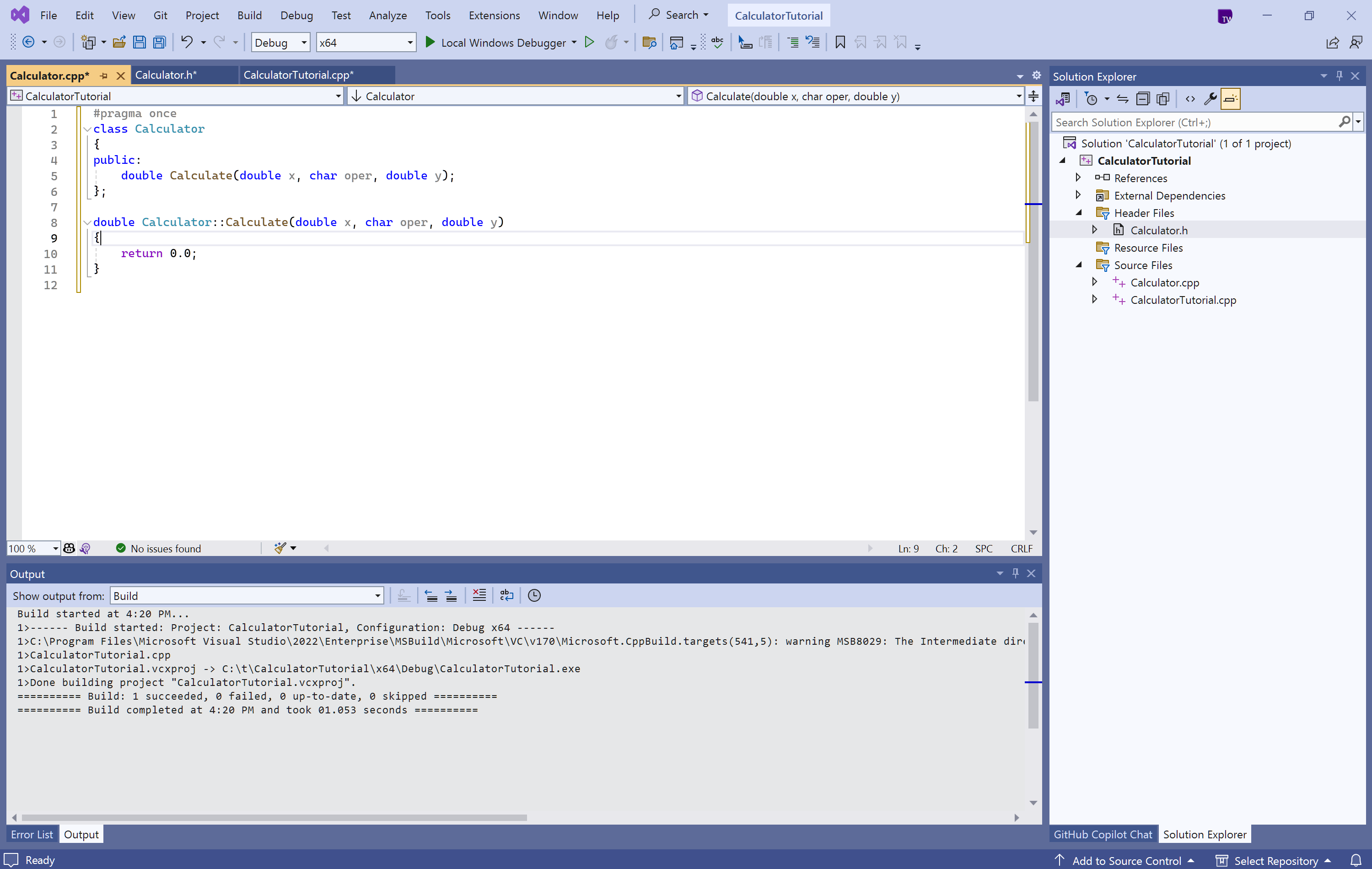 Screenshot dell'editor di Visual Studio che mostra la definizione della funzione 'Calculate'.