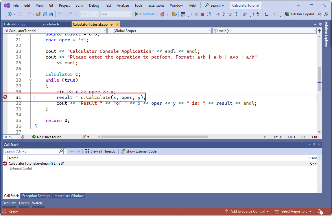 Screenshot dell'editor di Visual Studio. Esecuzione del programma interrotta in corrispondenza del punto di interruzione condizionale nella riga: result = c.Calculate(x, oper, y);.