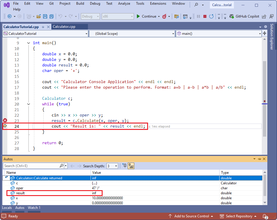 Screenshot del debug del calcolatore.