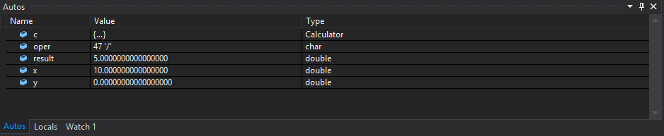 Screenshot della finestra 'Autos' del debugger di Visual Studio.