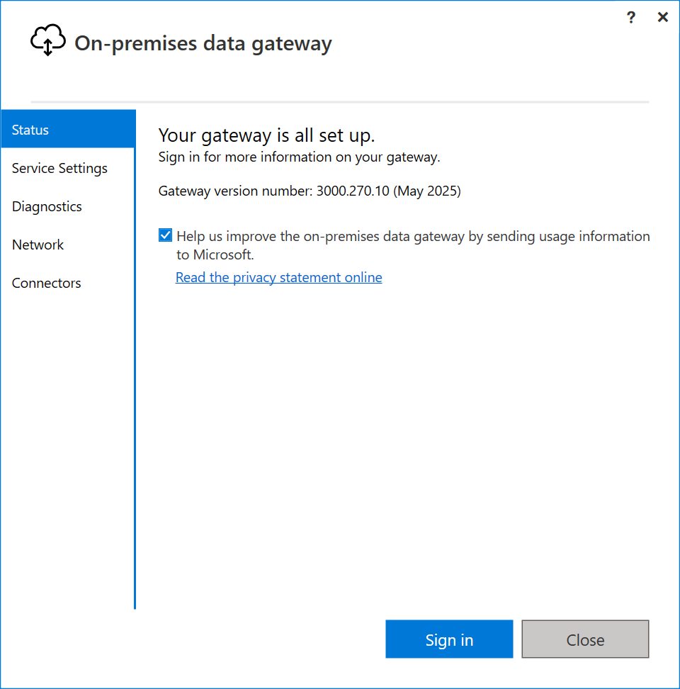 Screenshot della finestra di dialogo di apertura dell'app gateway dati installato in sede.