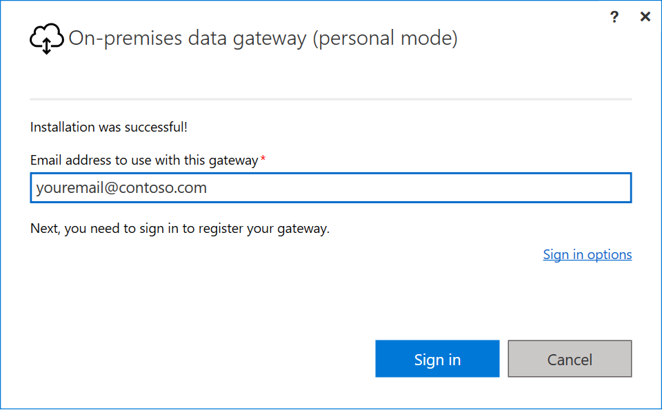 Screenshot della finestra di dialogo del gateway in modalità personale con il tuo indirizzo email in modalità personale.