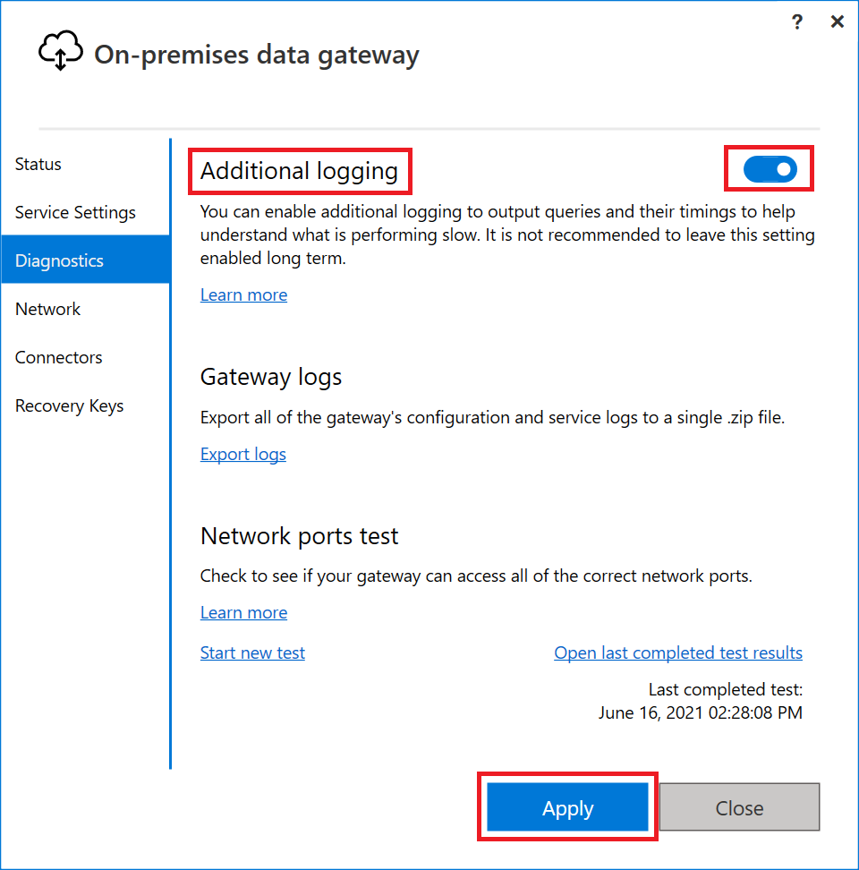 Screenshot dell'applicazione gateway con enfasi su come attivare il registro aggiuntivo.