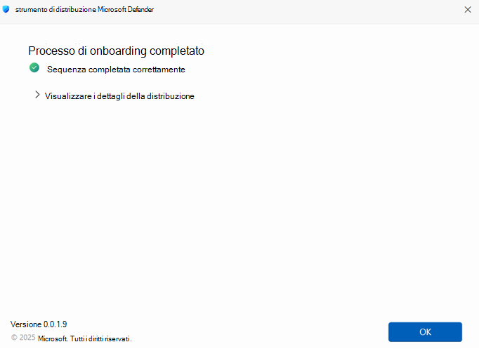 Screenshot che mostra il messaggio che indica che l'onboarding è completato.