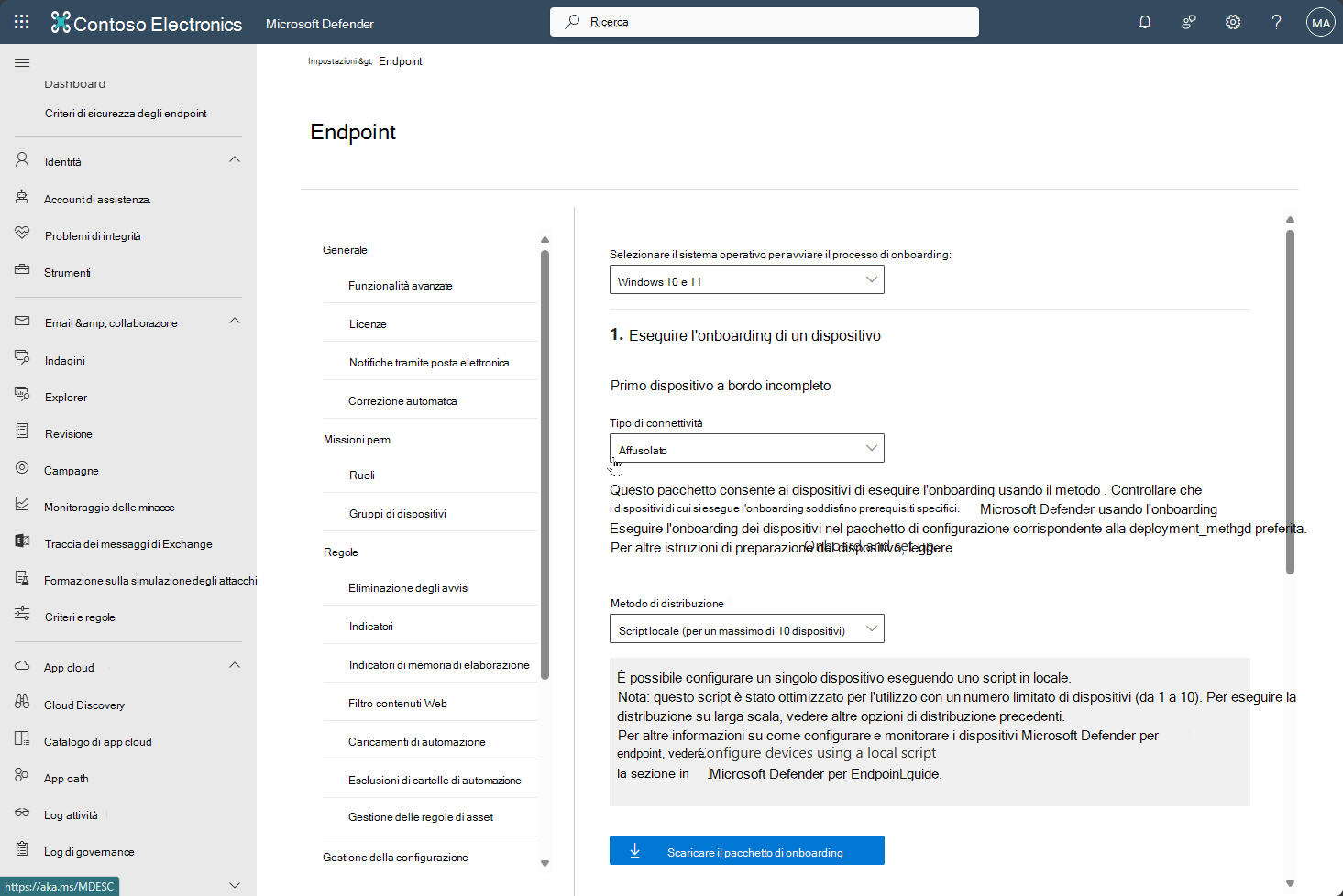 Screenshot che mostra l'onboarding dei dispositivi nel portale di Microsoft Defender per Defender per endpoint.