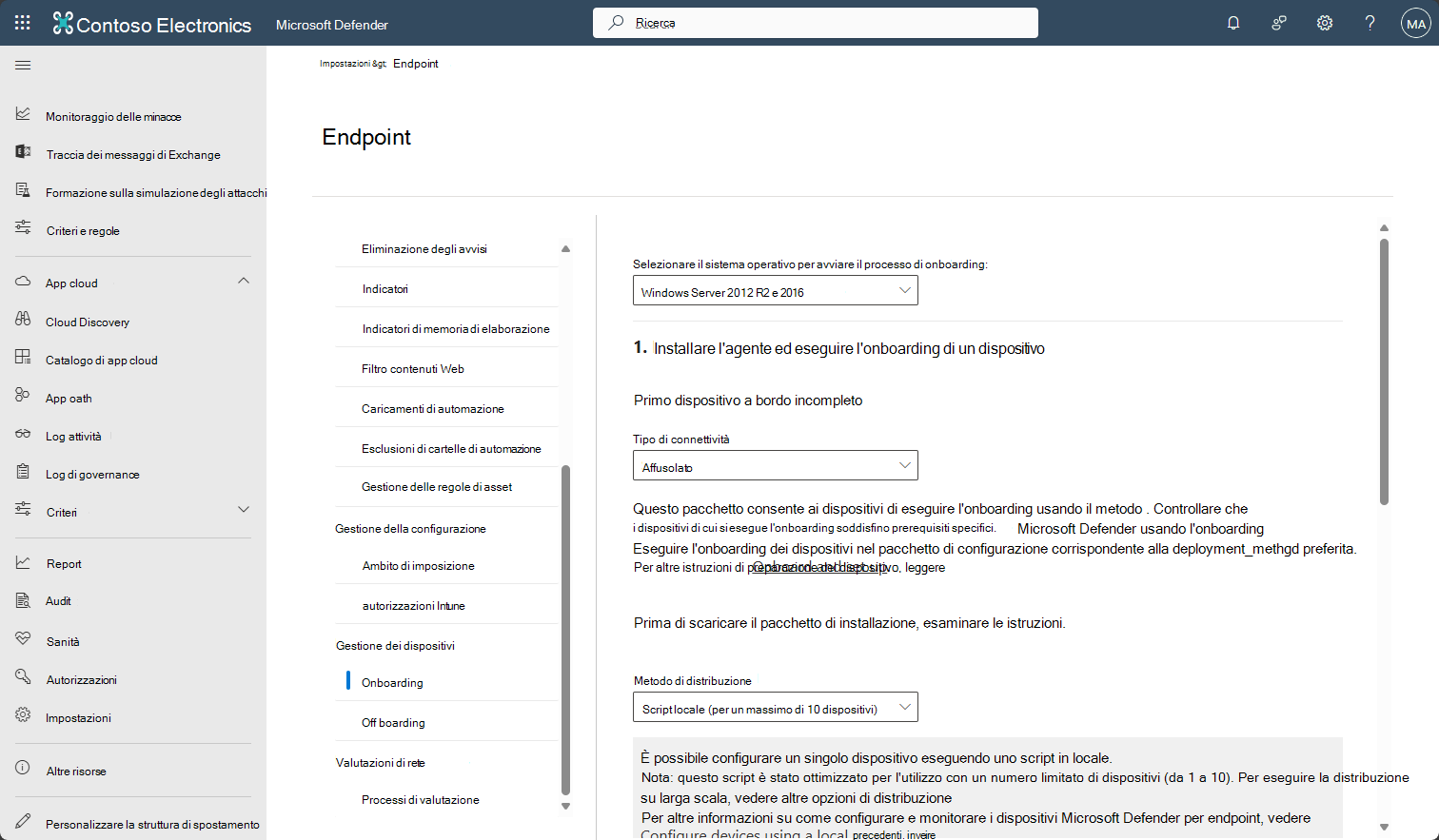 Screenshot che mostra la pagina di onboarding del dispositivo in Defender per endpoint.