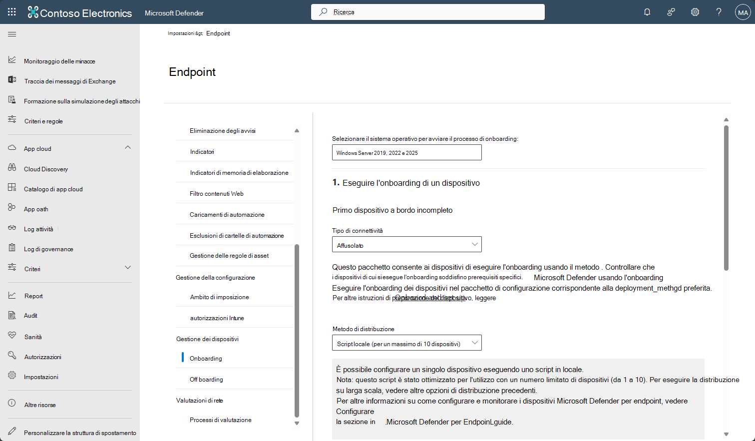 Screenshot che mostra la schermata di onboarding per Windows Server 2019 e versioni successive in Defender per endpoint.
