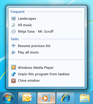 Jump list di Windows Media Player Windows