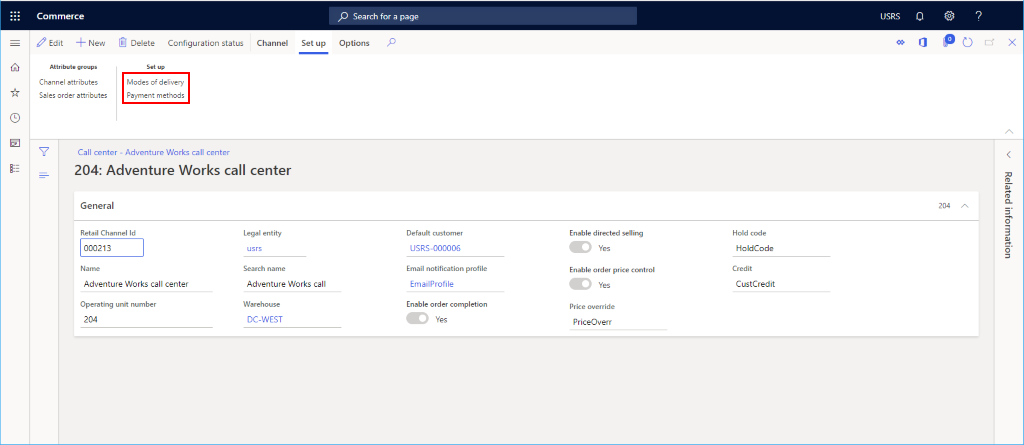 Screenshot delle azioni aggiuntive di configurazione del canale del call center.