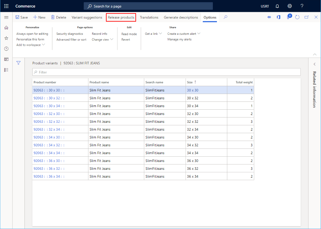 Screenshot dell'opzione Rilascio prodotti.