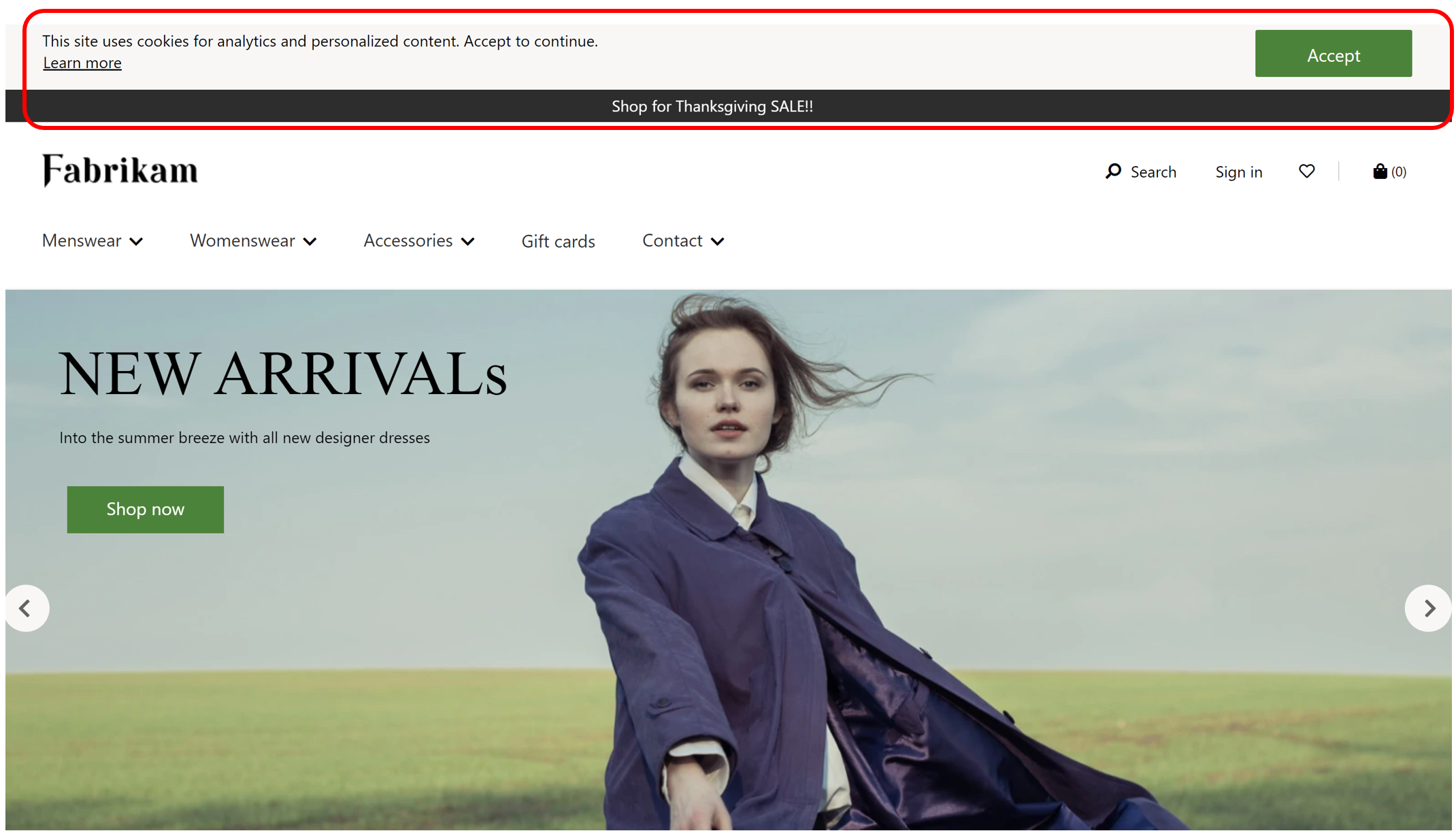 Screenshot di un modulo di consenso sui cookie visualizzato nell'intestazione di una pagina del sito.