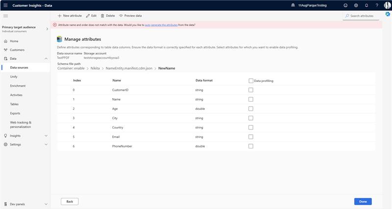 Screenshot della pagina Gestisci attributi che mostra il messaggio di generazione automatica degli attributi.