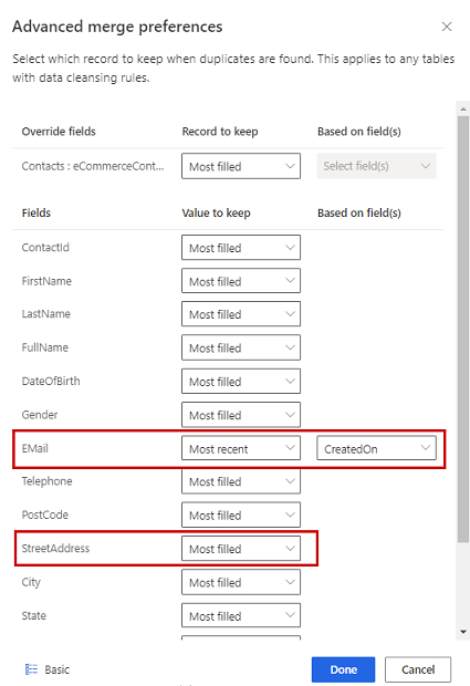 Riquadro delle preferenze di unione avanzate che mostrano l'indirizzo e-mail più recente e l'indirizzo più completo
