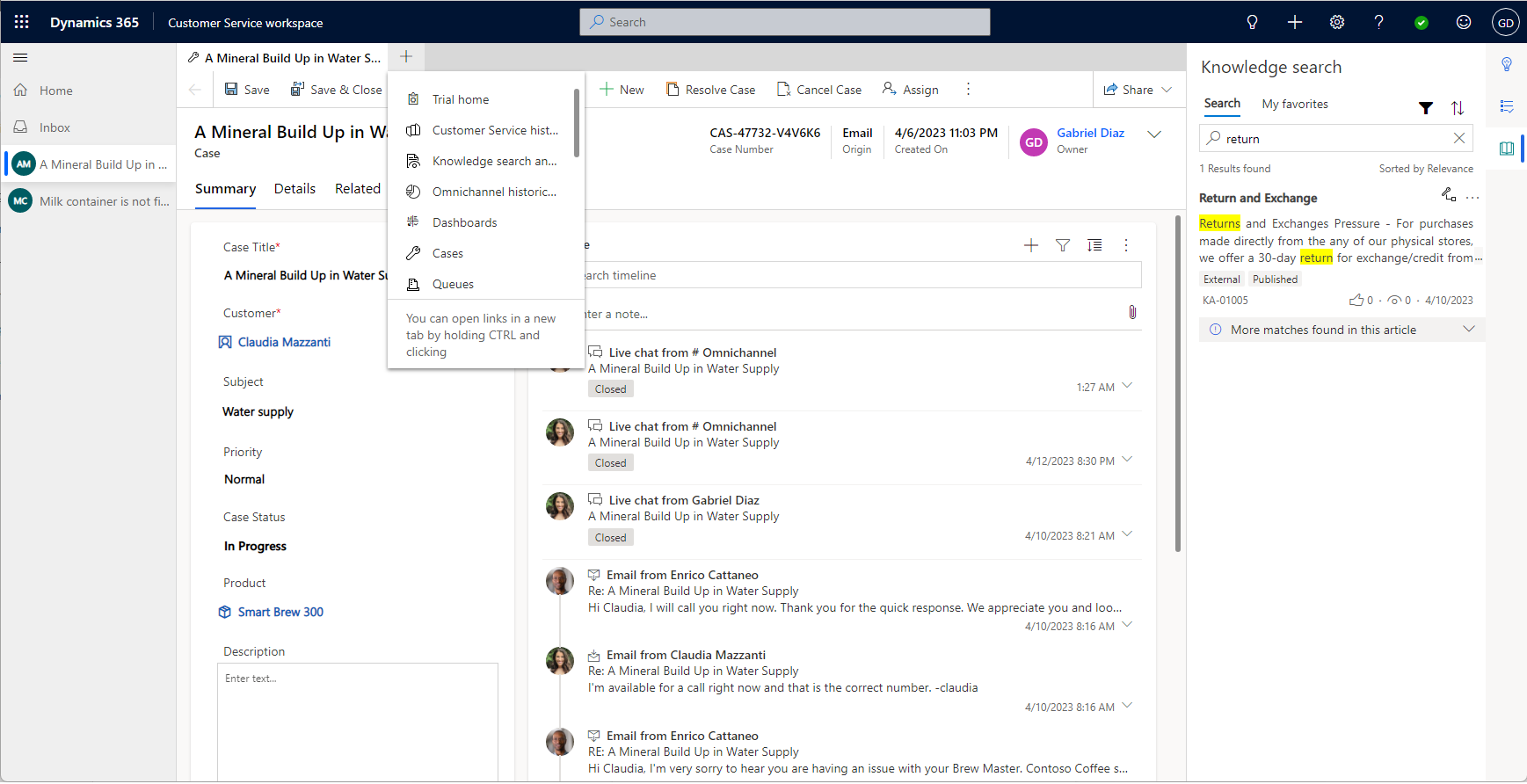 Screenshot of the default Copilot Service workspace, with items labeled according to the legend in the table