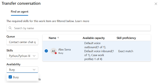 Screenshot della finestra di dialogo Trasferimento agente.