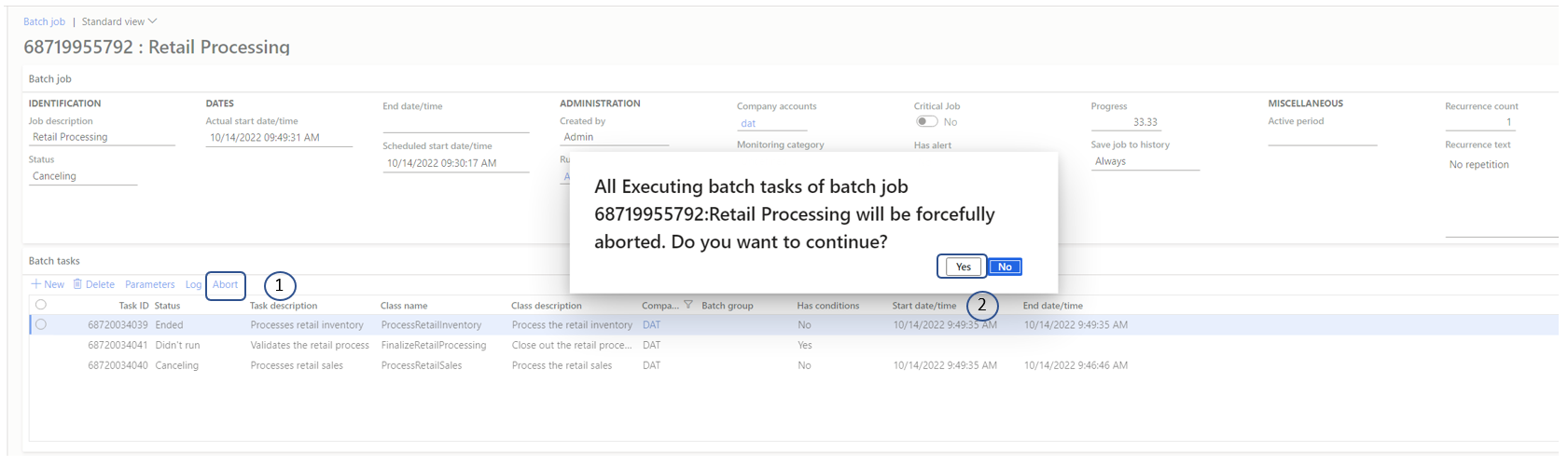 Screenshot of Aborting the tasks in a batch job.