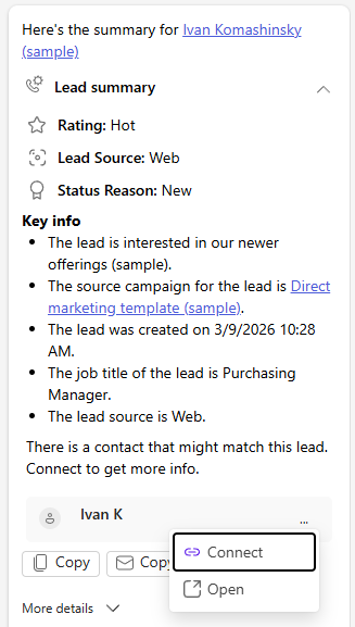 Screenshot di una scheda di lead nella chat di Copilot, in cui viene evidenziato un account corrispondente.