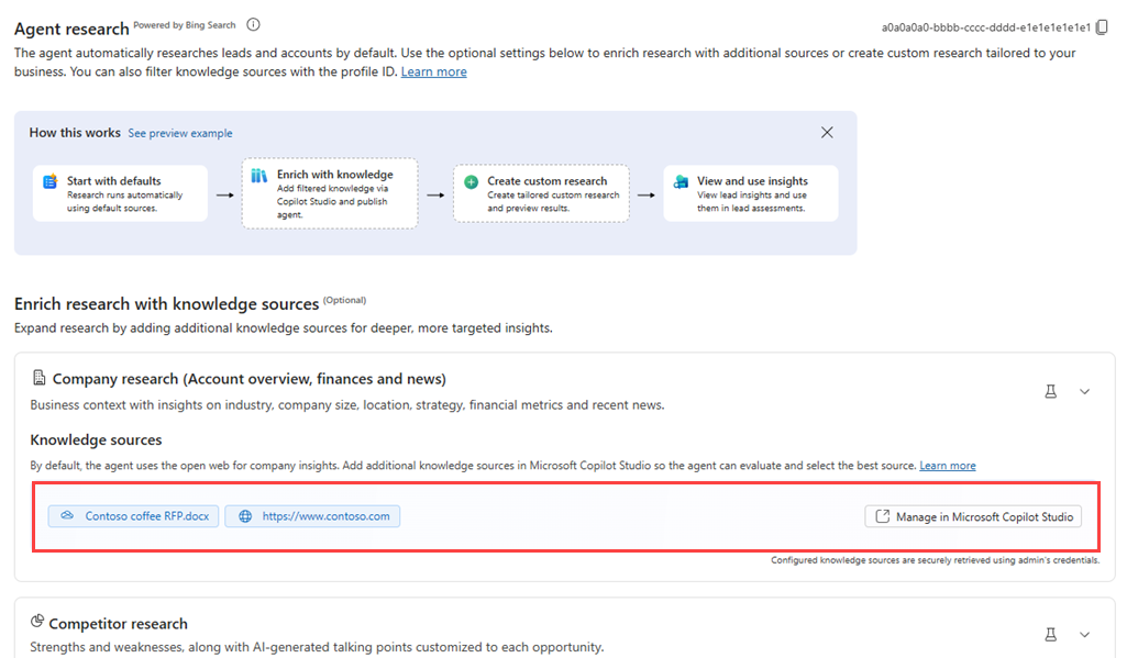 Screenshot dell'elenco delle origini della Knowledge Base che mostra un'origine della Knowledge Base con utilizzo condizionale, indicando che è stata aggiunta a un'istanza specifica dell'agente.