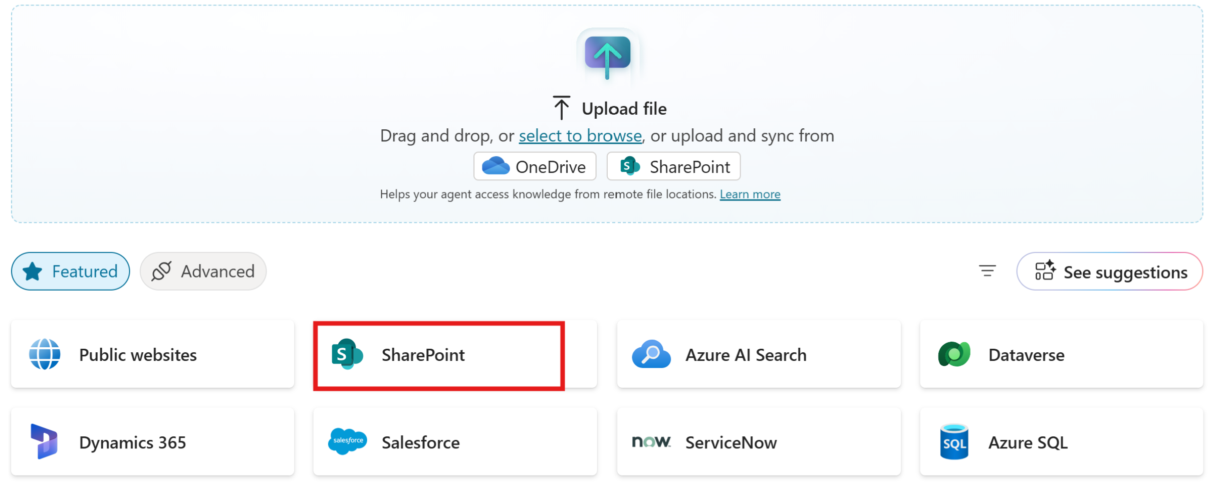 Screenshot che mostra l'opzione di SharePoint corretta da selezionare in Copilot Studio.