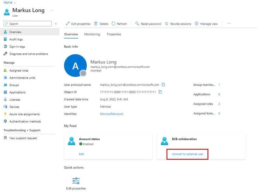 Screenshot della scheda Panoramica del profilo utente con la card di collaborazione B2B.