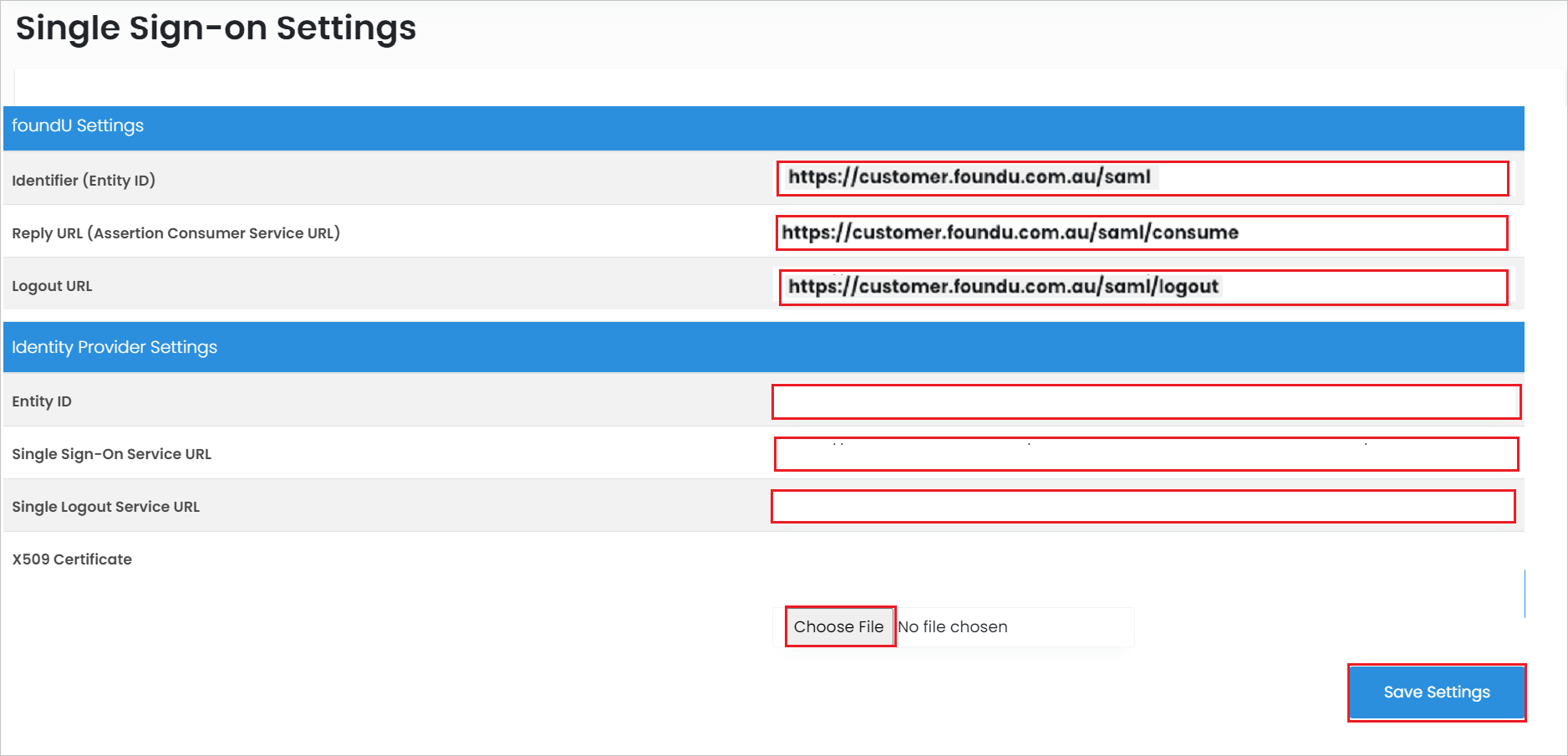 Screenshot per la configurazione del Single Sign-On su foundU