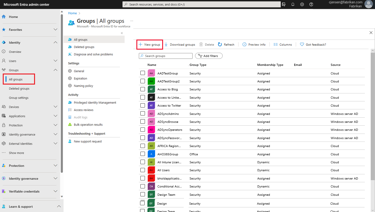 Screenshot che mostra le selezioni per l'aggiunta di un nuovo gruppo.