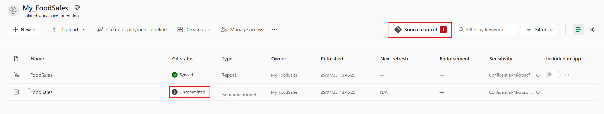 Screenshot dell'icona del controllo del codice sorgente che mostra una modifica di cui non è stato eseguito il commit.