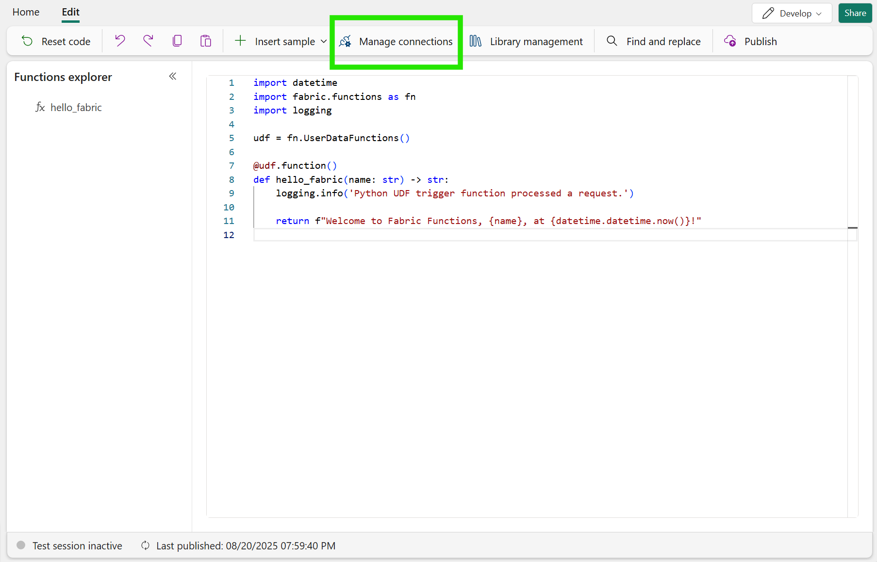 Screenshot dell'editor del portale di Funzioni con il pulsante Gestisci connessioni evidenziato.