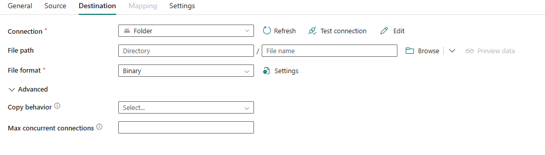 Screenshot che mostra la configurazione della scheda Destinazione per Cartella.