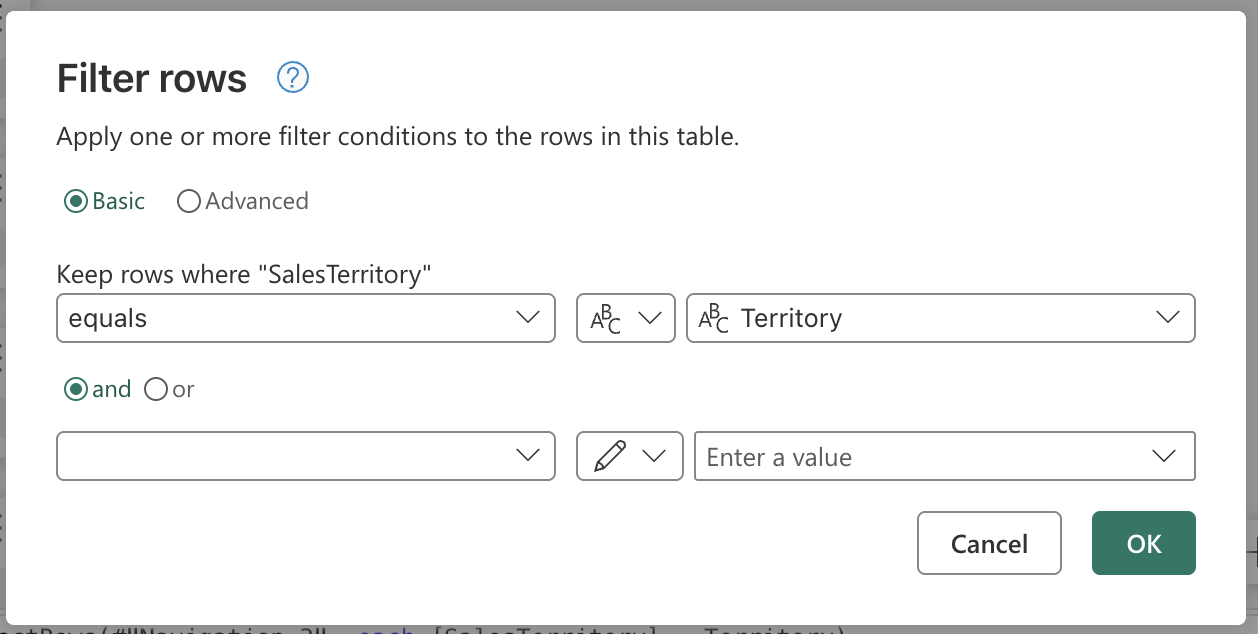 Schermata della query Territory selezionata all'interno del widget di input dalla finestra di dialogo per il filtro delle righe.