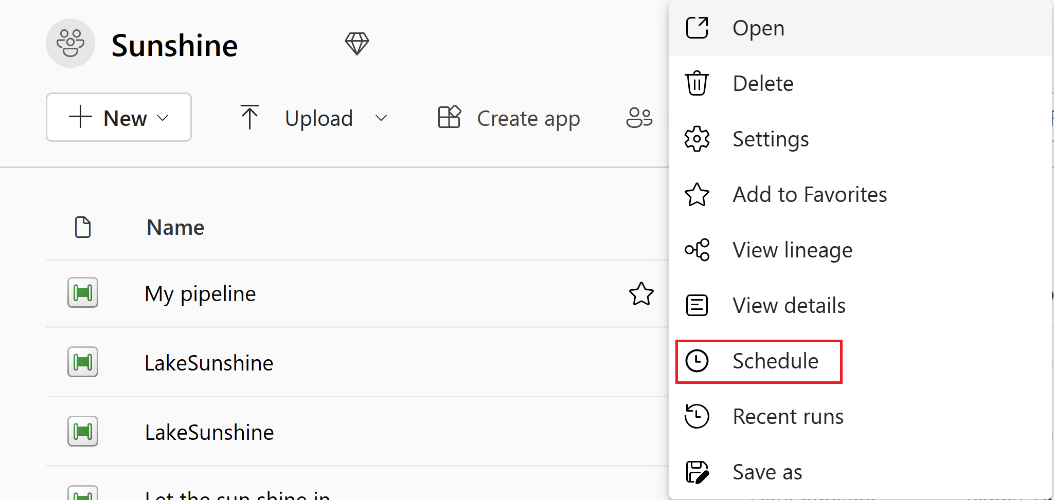 Screenshot del menu della pipeline con pianificazione evidenziata.