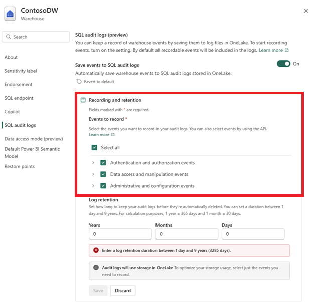 Screenshot del portale Fabric delle opzioni di registrazione e conservazione dei dati, la sezione Eventi da registrare.