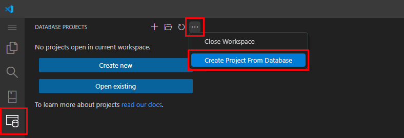 Screenshot di Visual Studio Code che mostra l'opzione Crea progetto da database.