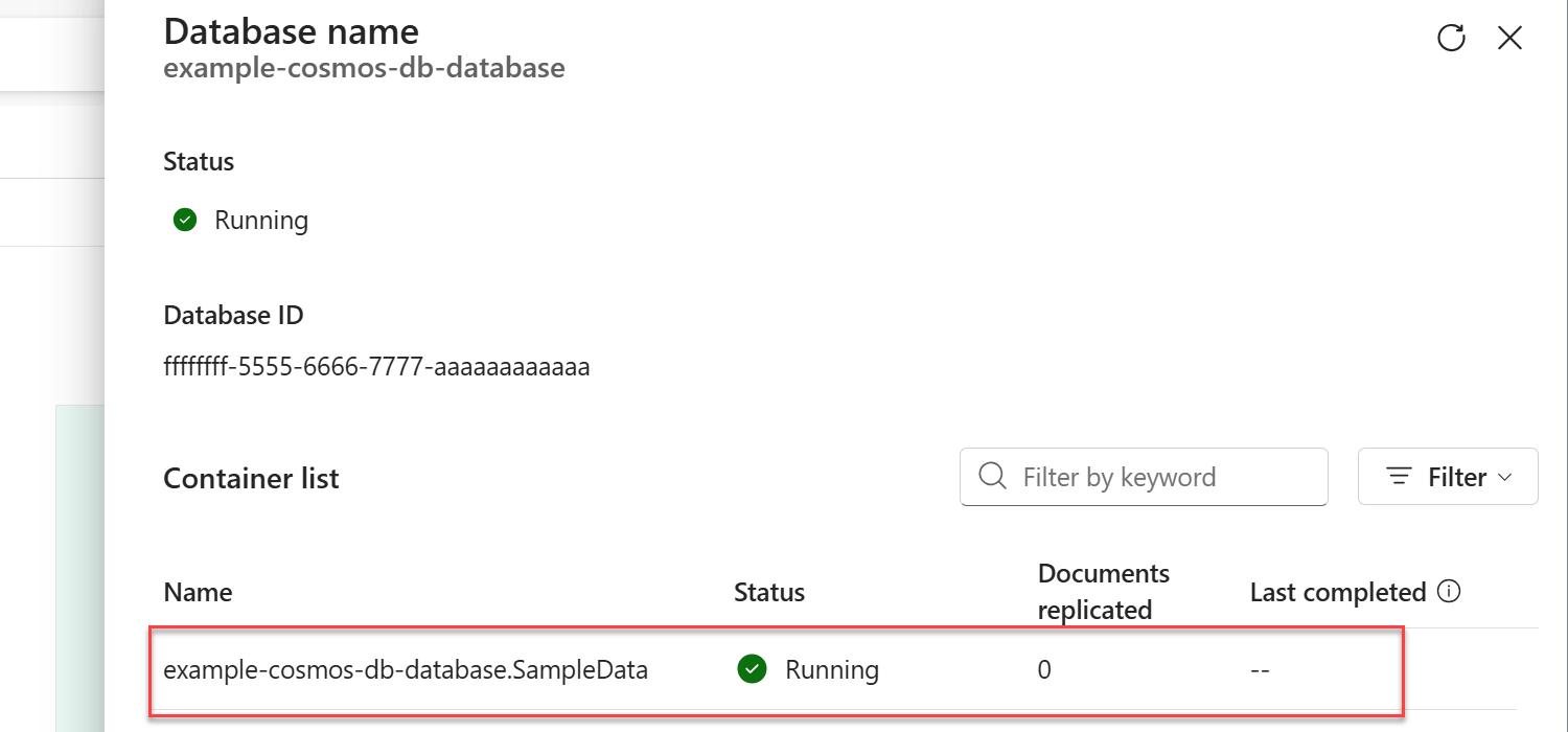 Screenshot della finestra di dialogo di stato del mirroring per un Cosmos DB nel database di Fabric.