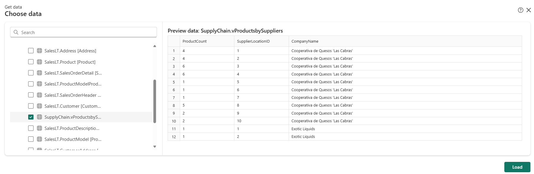 Screenshot che mostra l'anteprima scegli i dati nella visualizzazione.