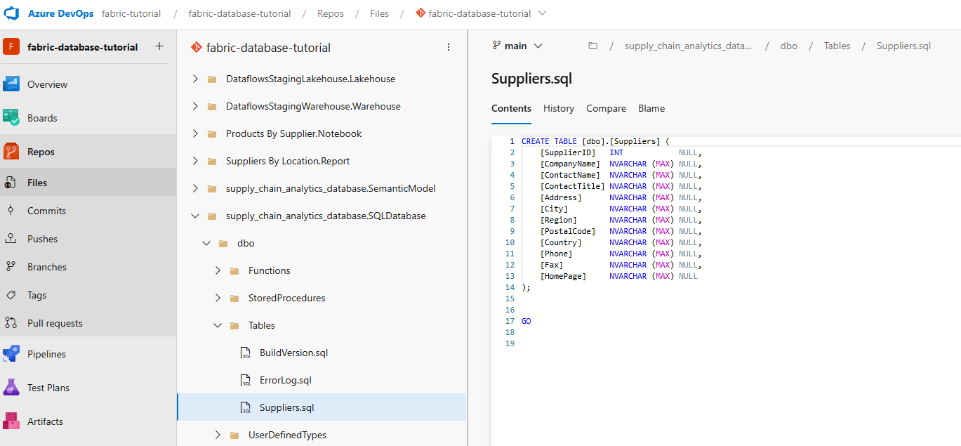 Screenshot che mostra l'oggetto database Suppliers in Azure DevOps.